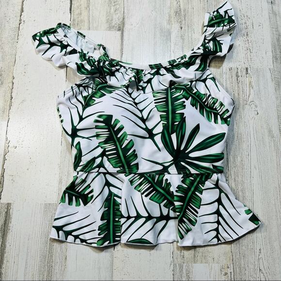 Palm Leaf Ruffled Peplum Tankini Swimsuit with High Waisted Striped Bottoms - Picture 5 of 9